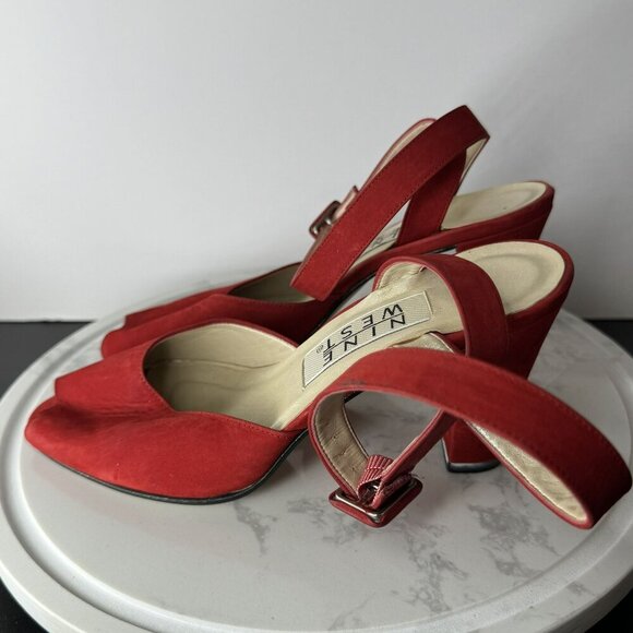 Nine West N-Ashia Vintage Red Leather Peep Toe Slingback‎ Wrap Heels Size 6M - Picture 5 of 9